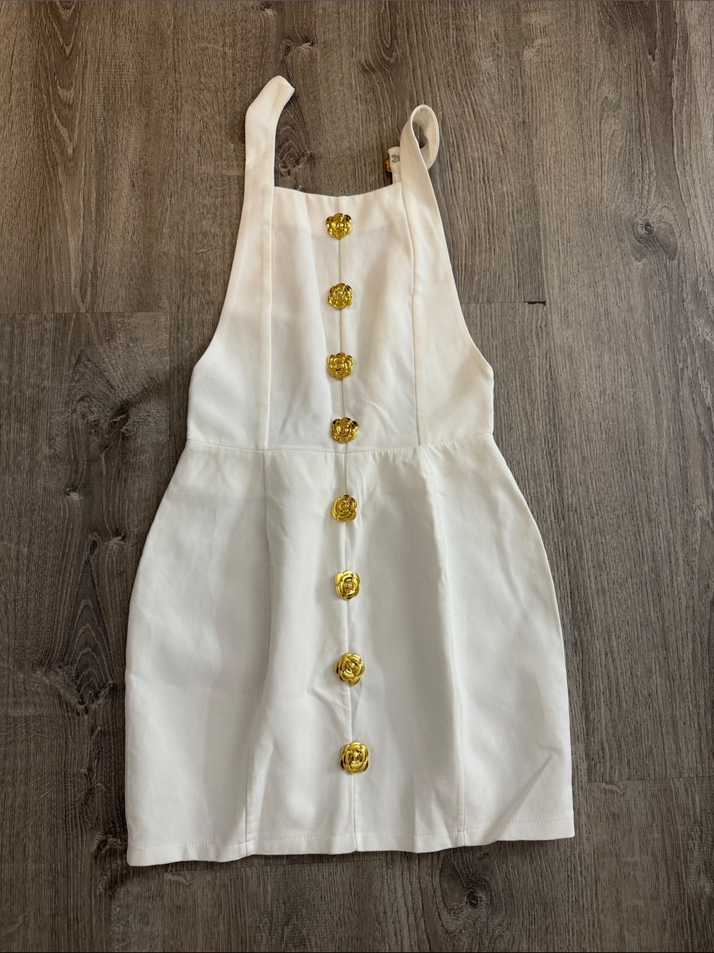 White Mini Dress with Gold Floral Buttons